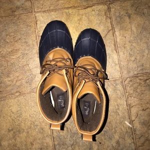 Navy and tan duck boots from rue 21